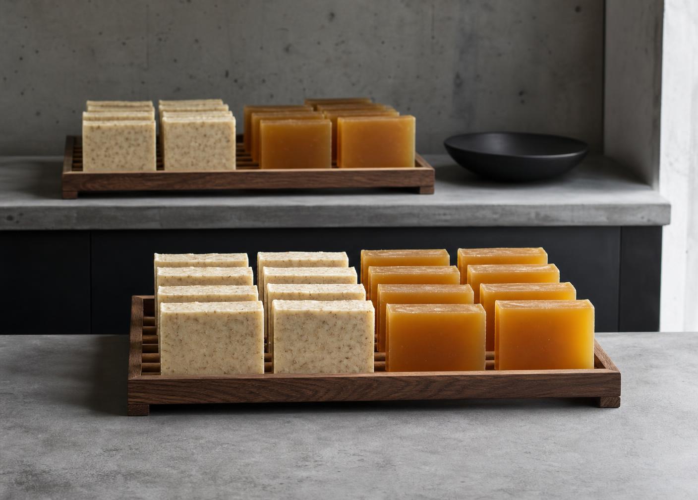 Curing racks of homemade oatmeal and honey soap bars