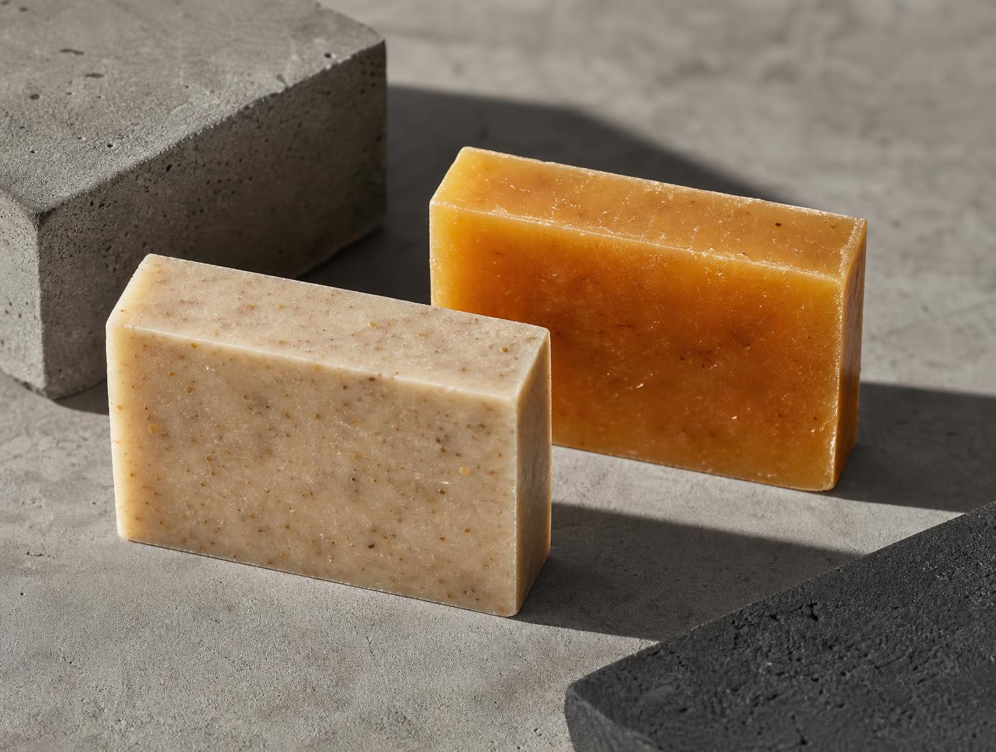 Handmade organic oatmeal and honey soap bars on a concrete surface