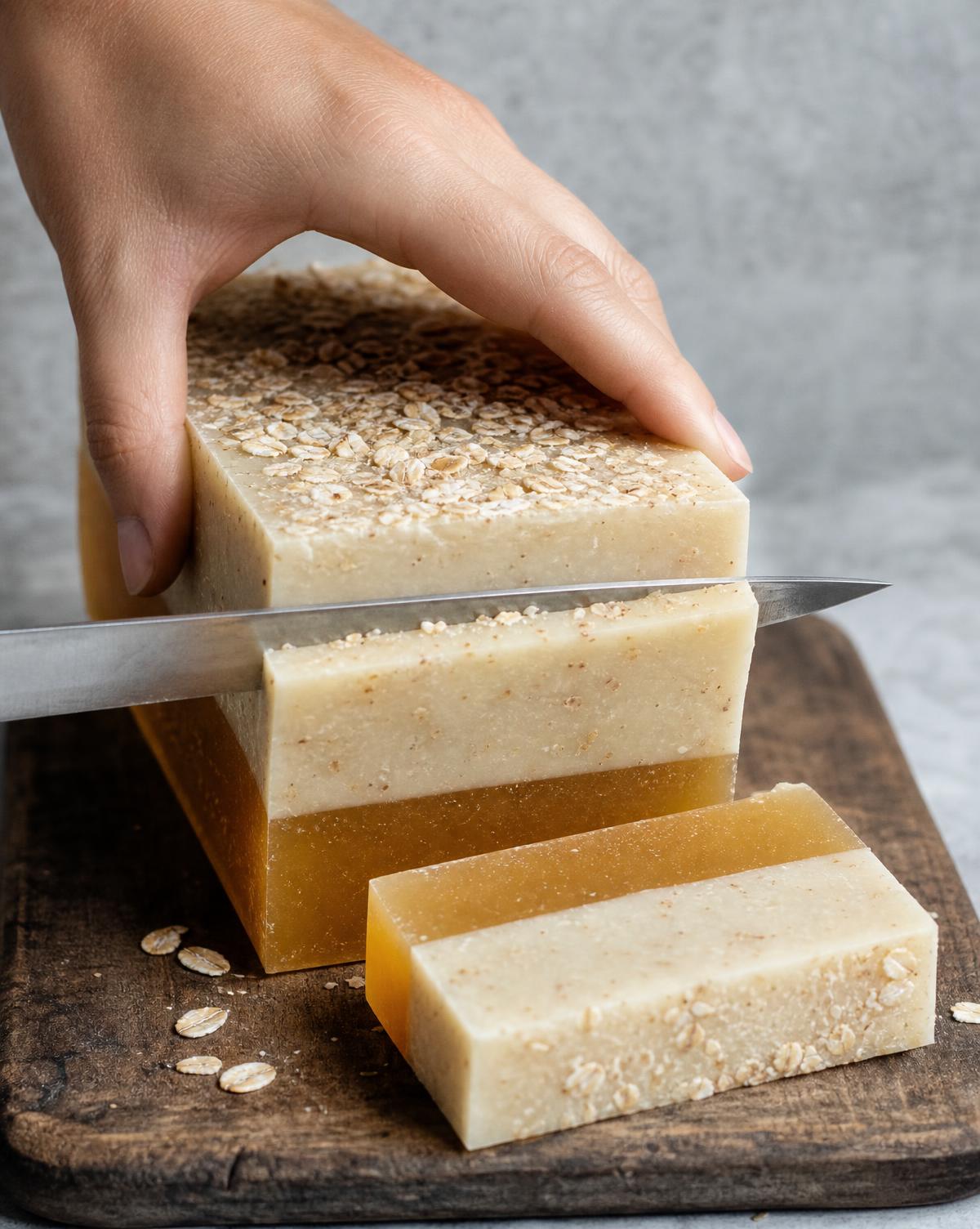 Slicing a cured oatmeal and honey soap loaf with a steel blade